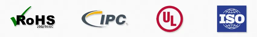 Certification logos including RoHS, IPC, UL, ISO