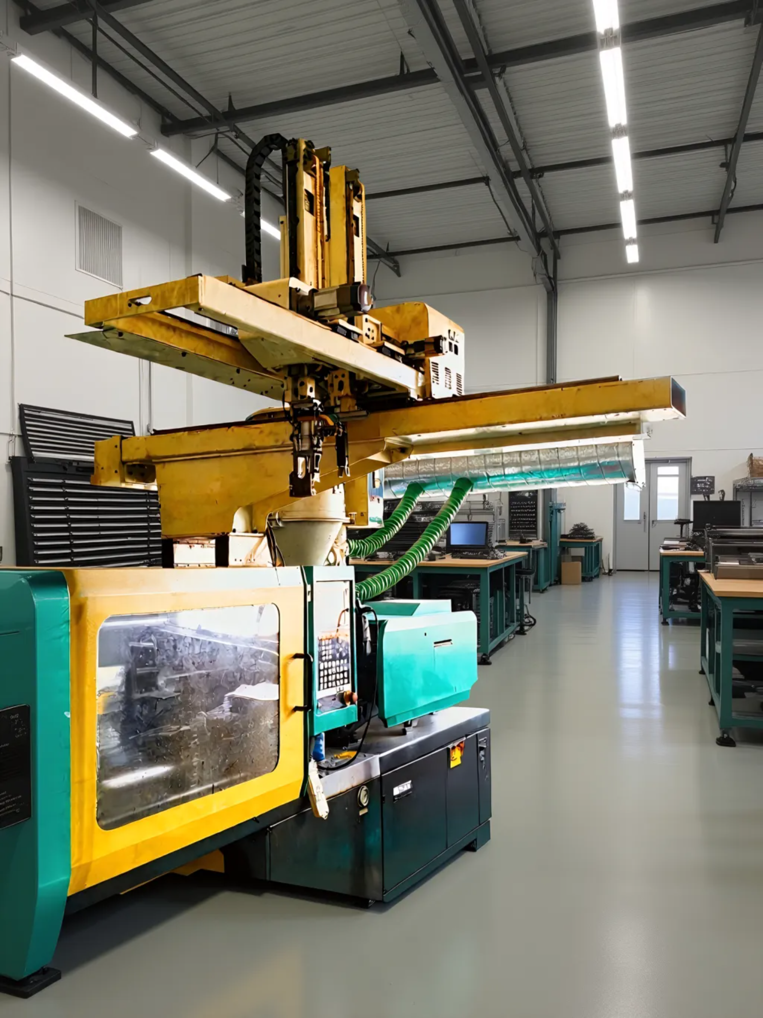 Injection molding workshop area with advanced manufacturing equipment