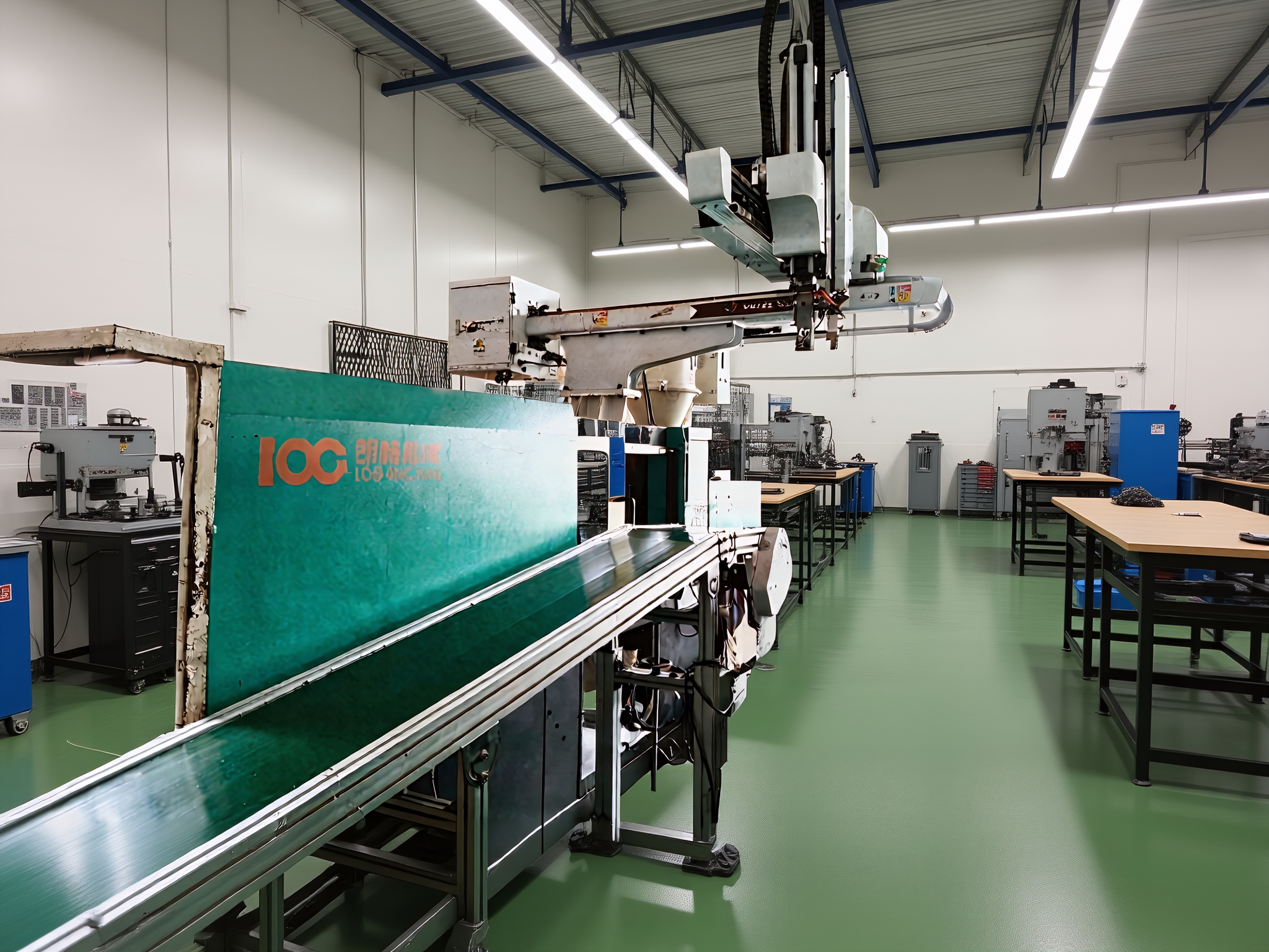Injection molding workshop with multiple plastic machines in operation