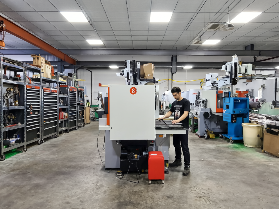 Factory workshop with multiple injection molding machines in operation