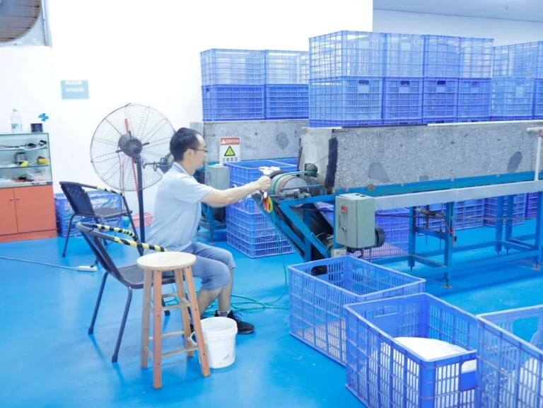 Workers operating injection molding machines in production workshop