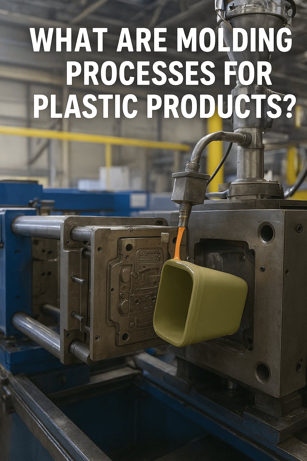 An injection molding machine operating in a factory, with molten plastic being injected into a mold to form a product.