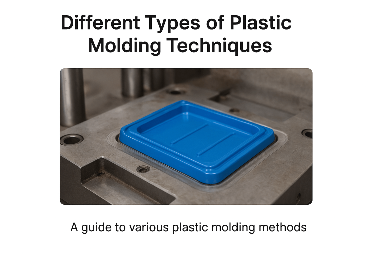 A blue injection-molded plastic tray placed on a metal molding machine surface, illustrating plastic molding techniques for manufacturing.