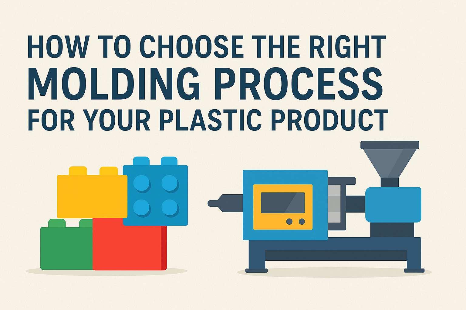 A flat-design illustration showing colorful plastic building blocks next to an injection molding machine, accompanied by the title “How to Choose the Right Molding Process for Your Plastic Product.”