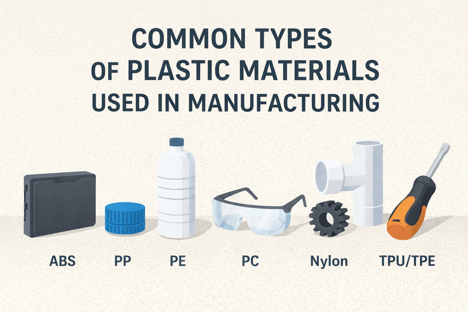 Common types of plastic materials used in manufacturing, including ABS, PP, PE, PVC, and PC, shown in a flat-style industrial illustration.